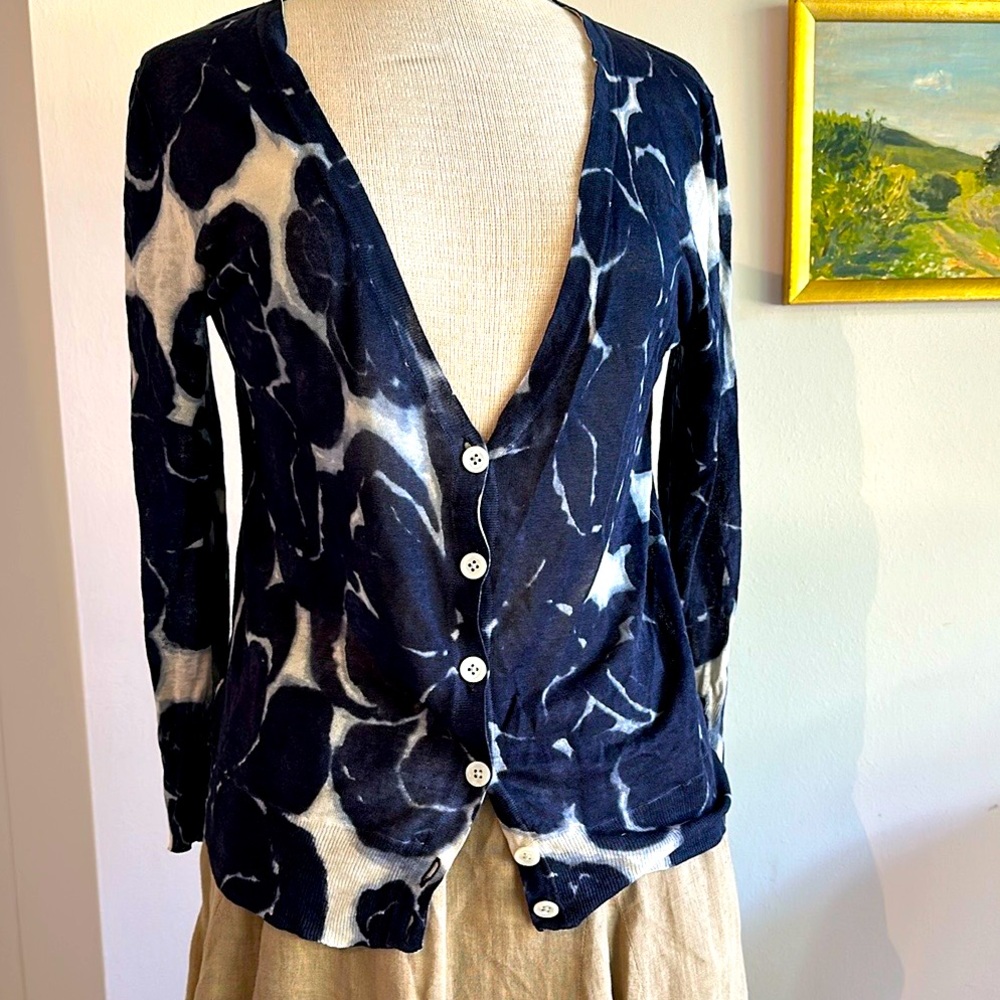 J. CREW Navy Light Weight Cotton V Neck Button down Sweater.  3/4 Length Sleeves